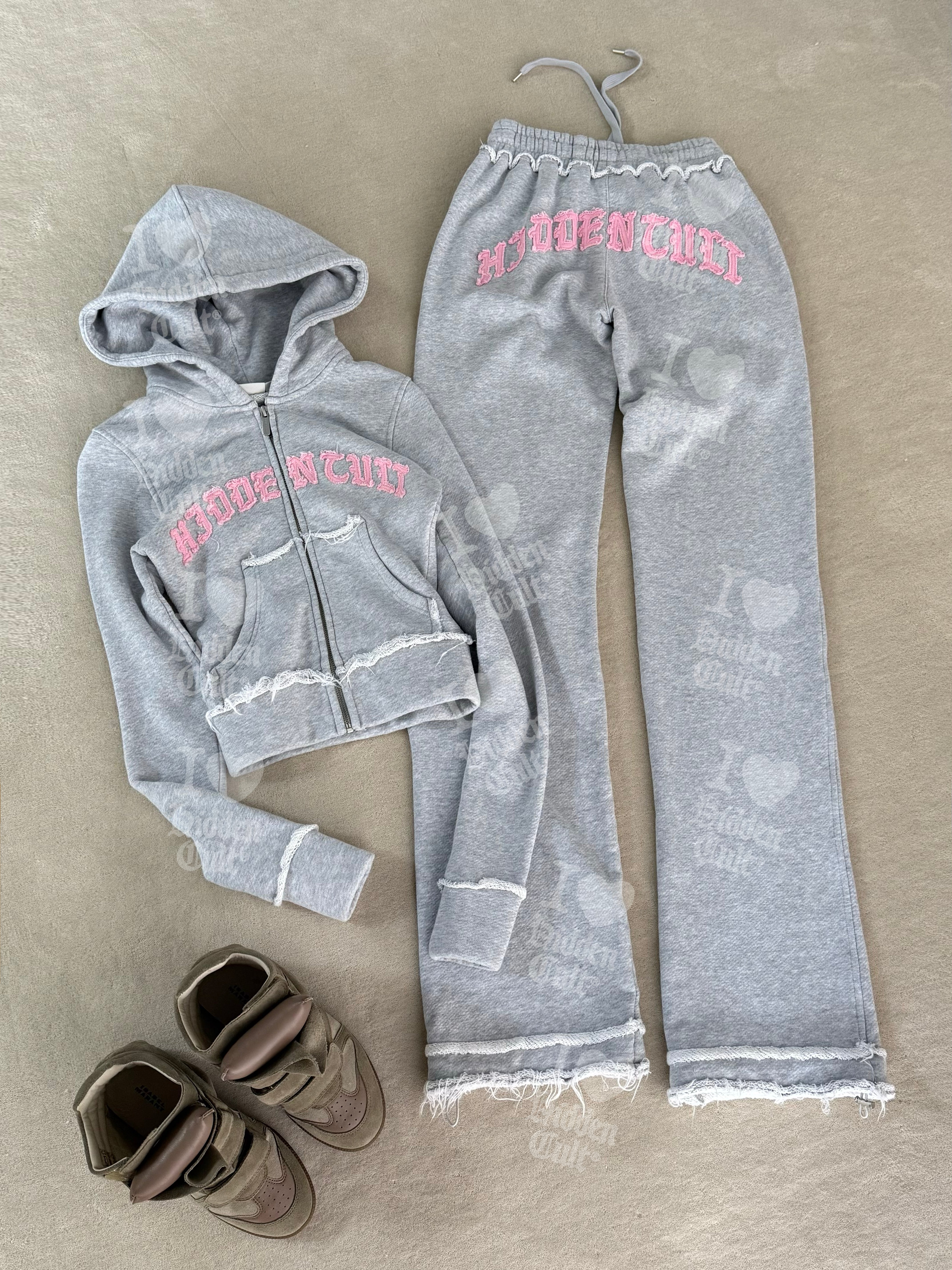 HIDDEN CULT Paleora Fitted Distressed Zip Hoodie Grey Fitted Sweatsuit Women's Streetwear TikTok