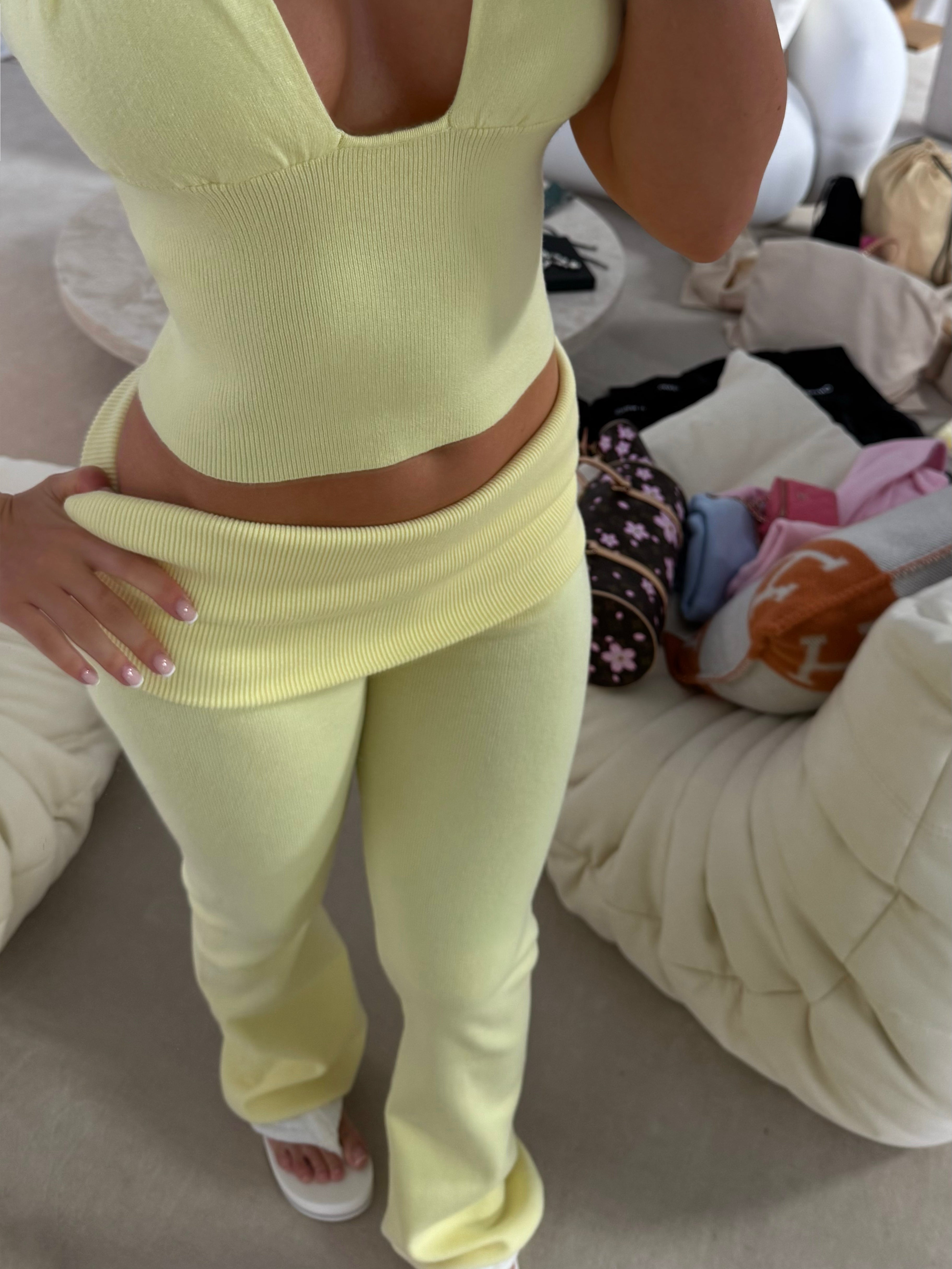 HIDDEN CULT Yuzu Soft Knit Foldover Pants Yellow Butter Light Yellow Knitted TikTok Tall Pants